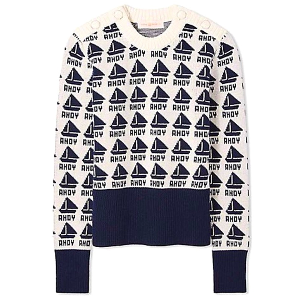 Tory Burch Seaside Cotton & Merino Wool “Ahoy” Intarsia Sweater, size M